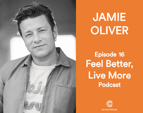 Black-and-white photo of a man with styled hair and a casual jacket. Next to him, orange text reads: JAMIE OLIVER Episode 16—discussing keto weight loss—Feel Better, Live More Podcast, with a small logo at the bottom.