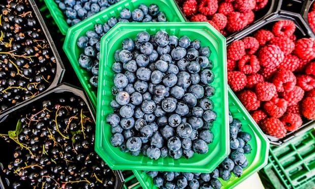 A close-up of assorted fresh berries in plastic containers, ideal for keto weight loss, featuring blueberries in a green tray surrounded by red raspberries and blackcurrants in black trays.