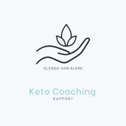Logo for Glenda Van Blerk Keto Coaching Support, featuring a line-art icon of a hand holding a stylized three-leaf sprout.